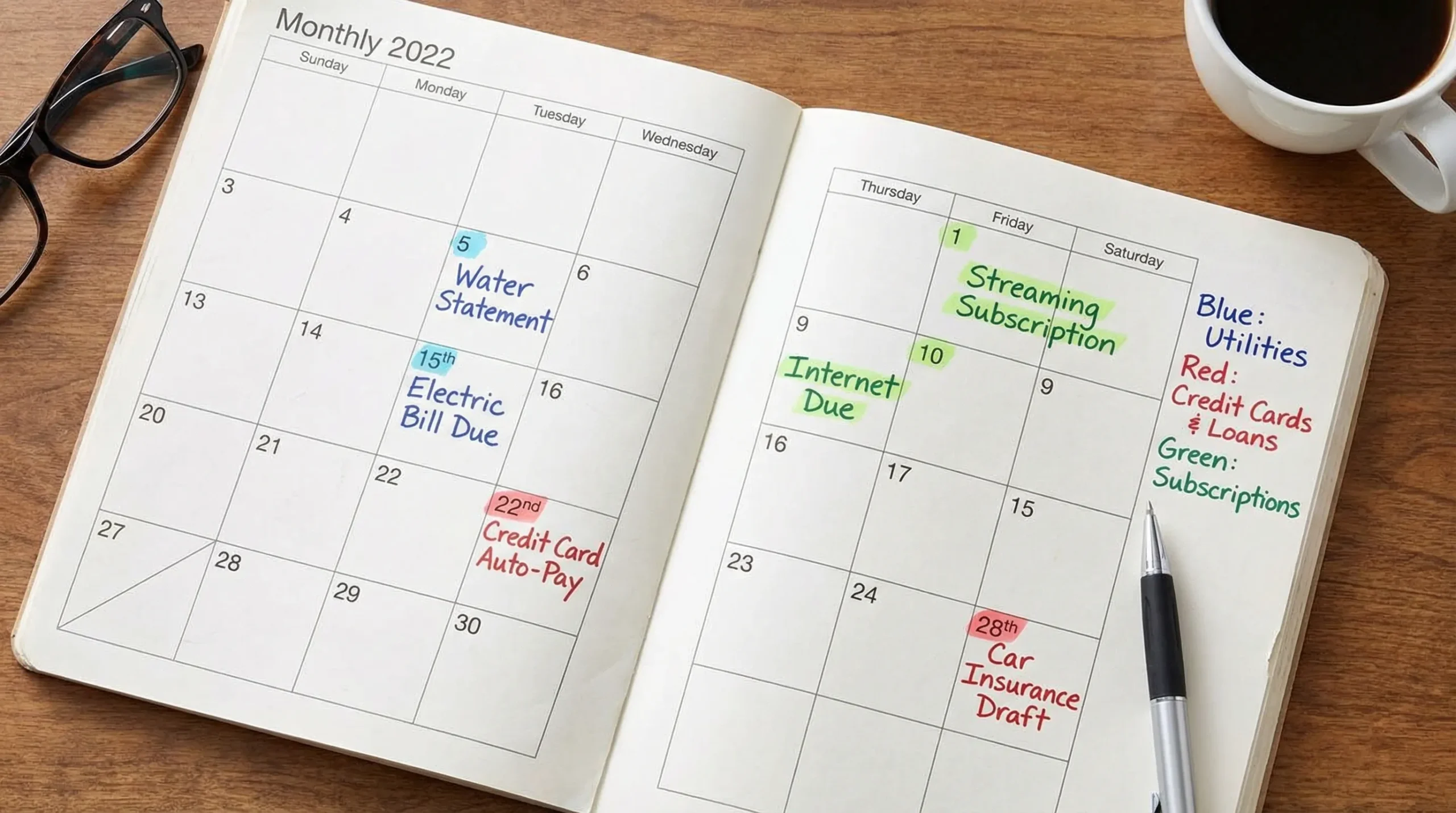 A simple monthly bill calendar view showing due dates, statement dates, and scheduled auto-pay drafts, with color-coded categories like utilities, credit cards, and subscriptions.