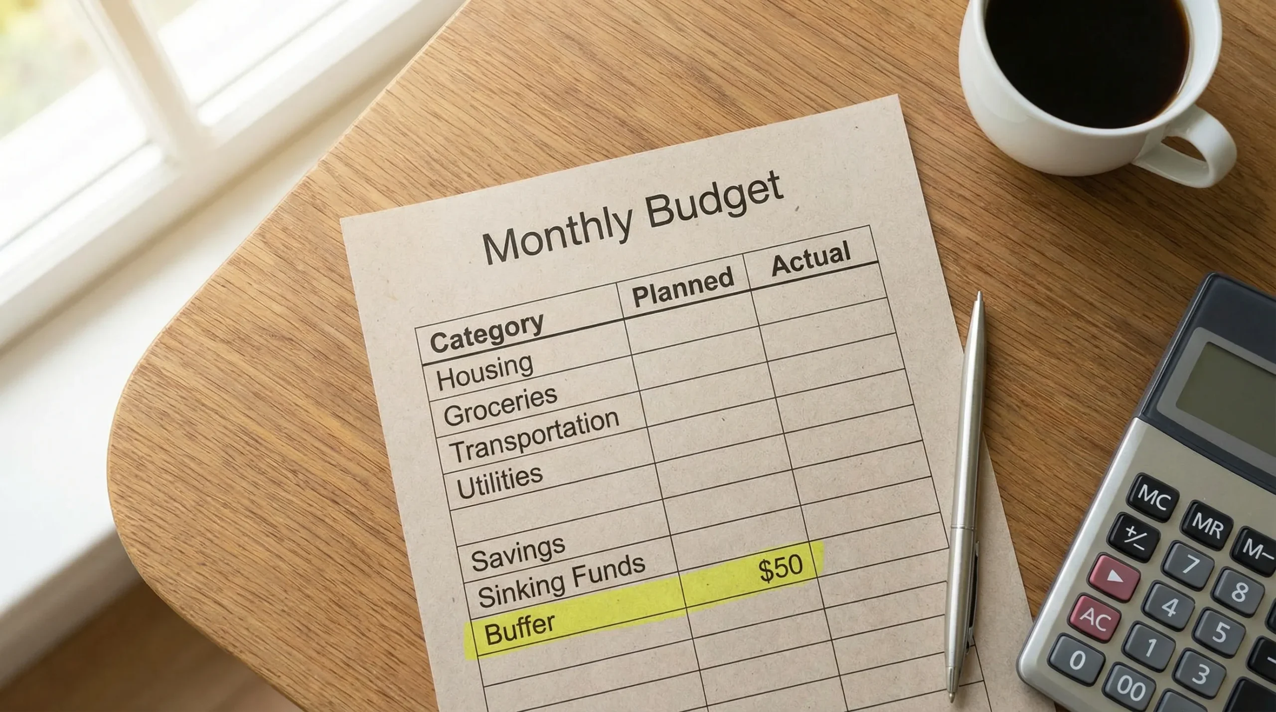 A simple monthly budget layout showing categories like housing, groceries, transportation, savings, and sinking funds, with a small buffer category highlighted.
