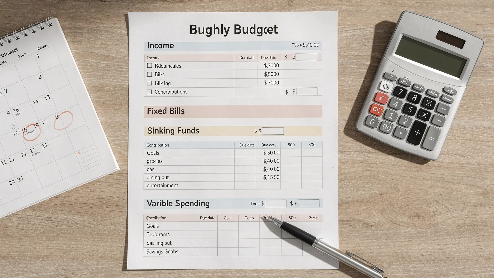 Best Budget Planner: How to Plan a Month You Can Follow 2 A simple monthly budgeting worksheet on a desk showing sections for income, fixed bills with due dates, sinking funds, variable spending categories, and savings goals, with a calendar and a calculator nearby.