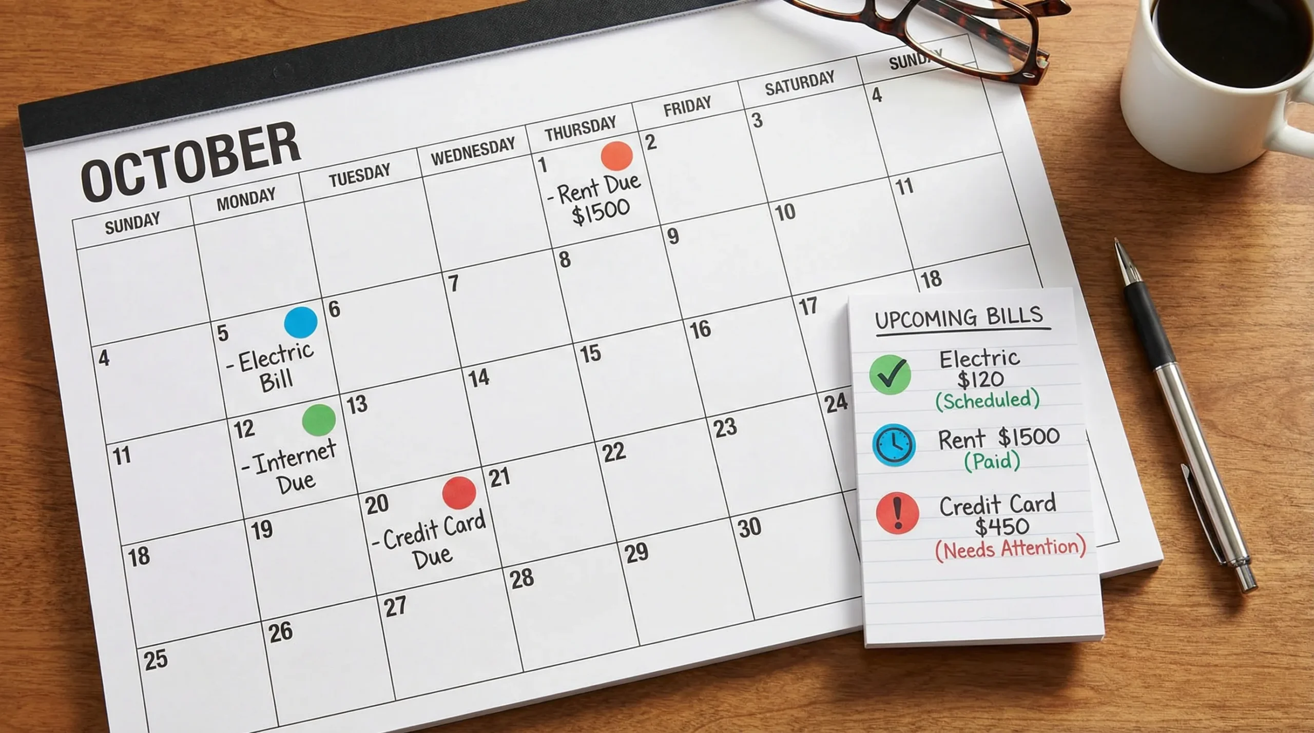 A simple monthly calendar view with bill due dates marked, plus a small list of upcoming bills with amounts and status icons for “scheduled,” “paid,” and “needs attention.”