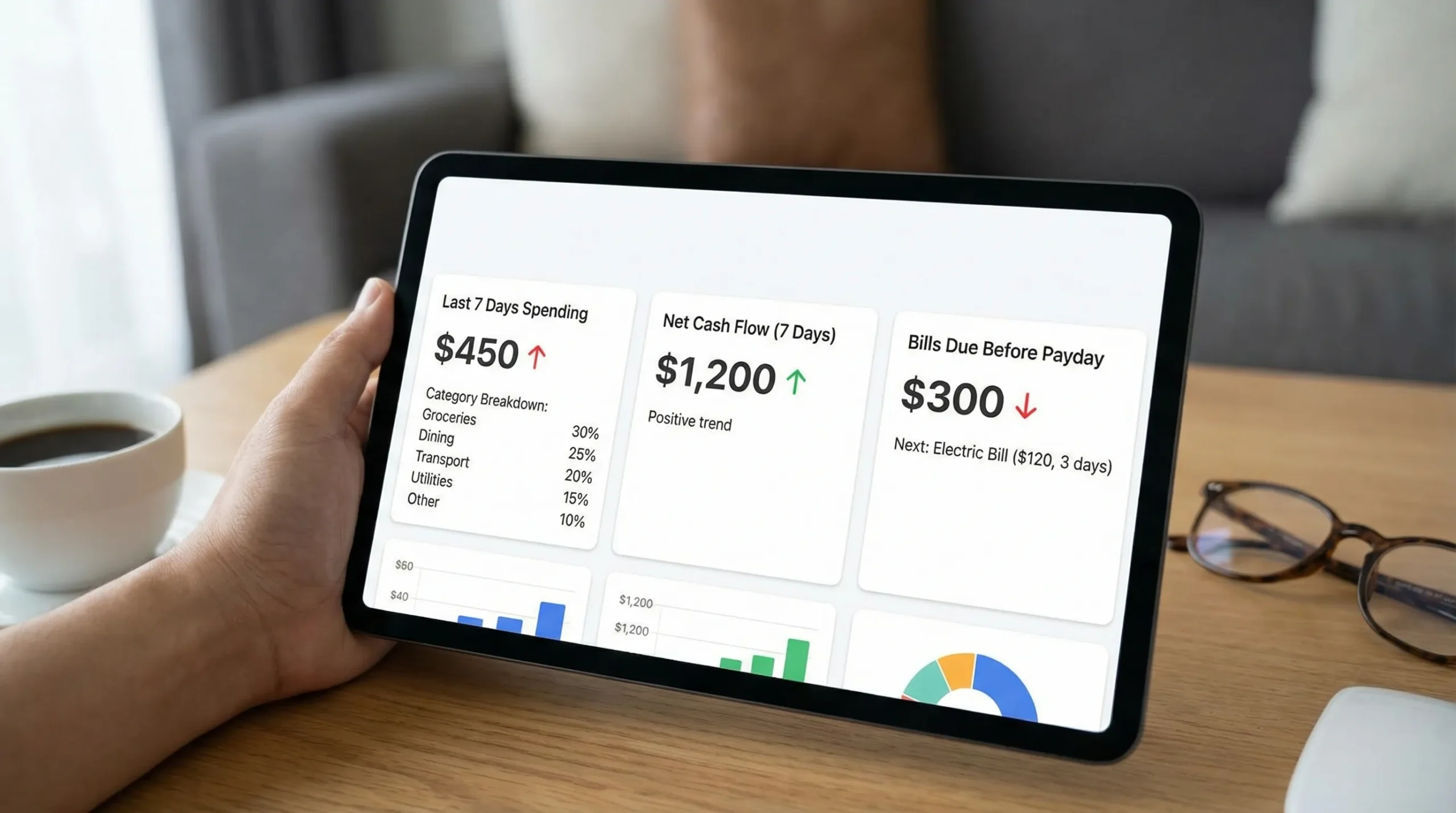 A simple personal finance dashboard showing three KPI cards labeled “Last 7 Days Spending,” “Net Cash Flow (7 Days),” and “Bills Due Before Payday,” with small trend arrows and clean category breakdown.