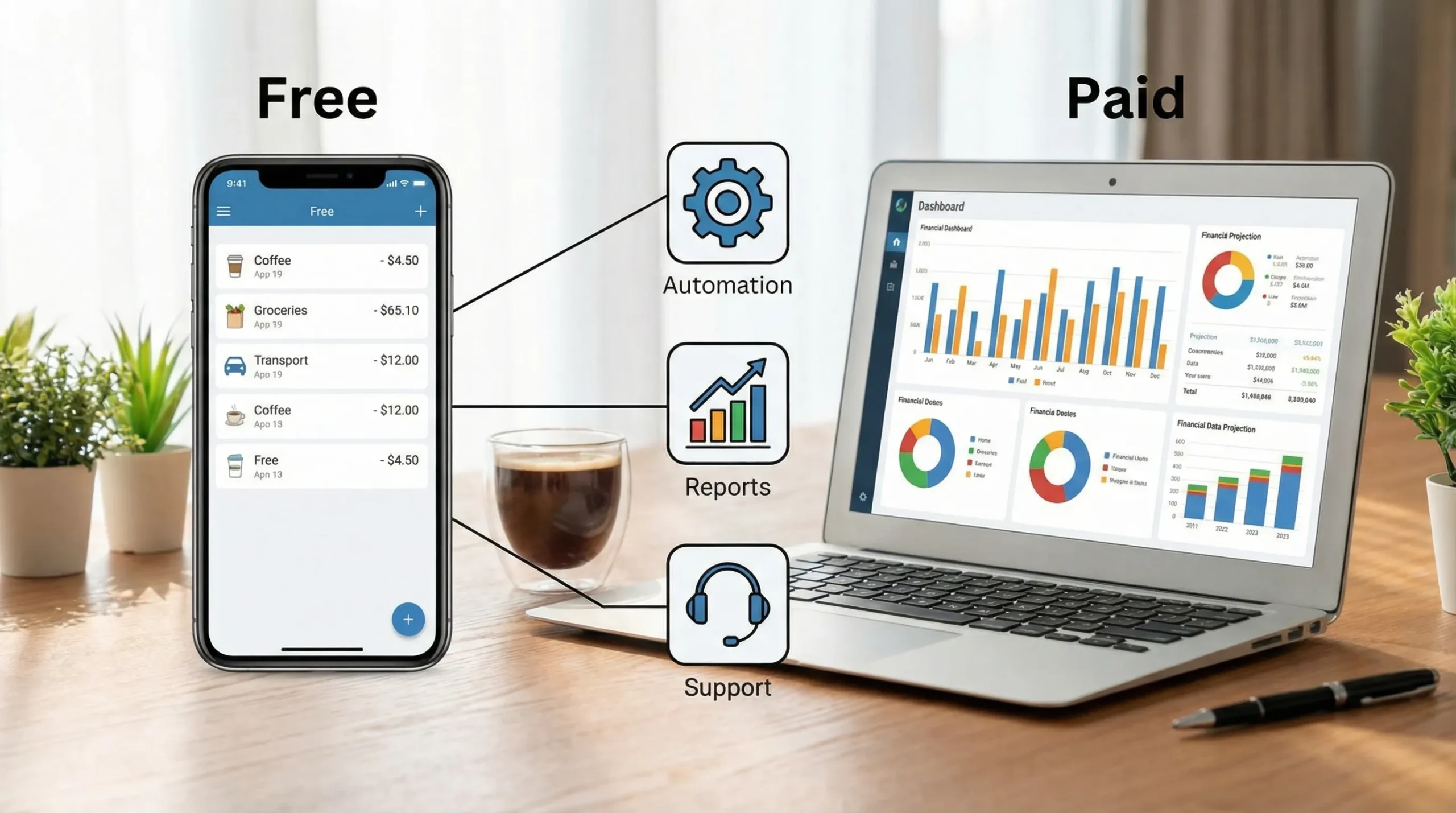 A simple side-by-side comparison illustration showing a smartphone with a basic expense list labeled “Free” and a laptop dashboard with advanced charts labeled “Paid”, with icons for automation, reports, and support in between.