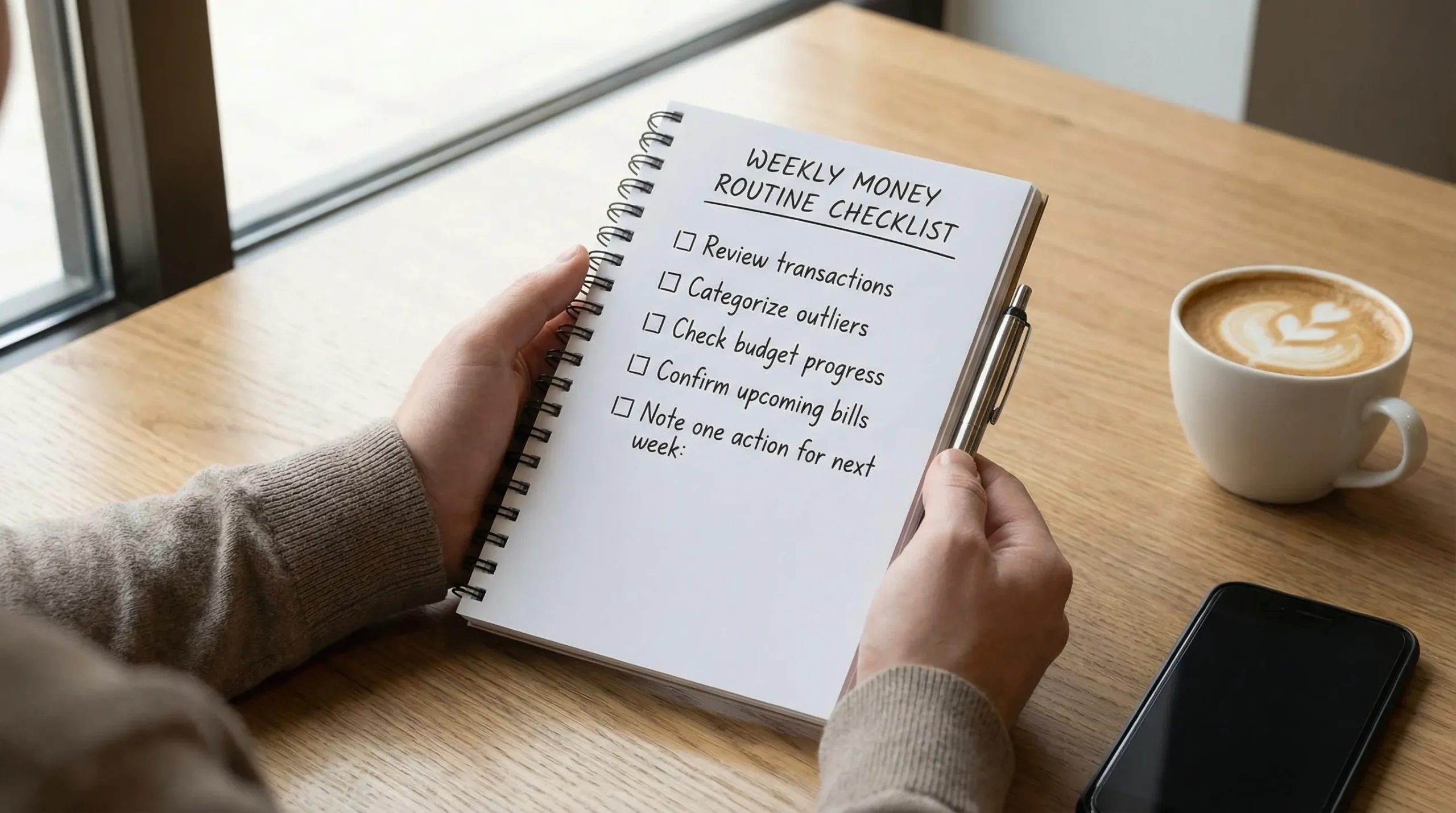 A simple weekly money routine checklist with five items: review transactions, categorize outliers, check budget progress, confirm upcoming bills, and note one action for next week.