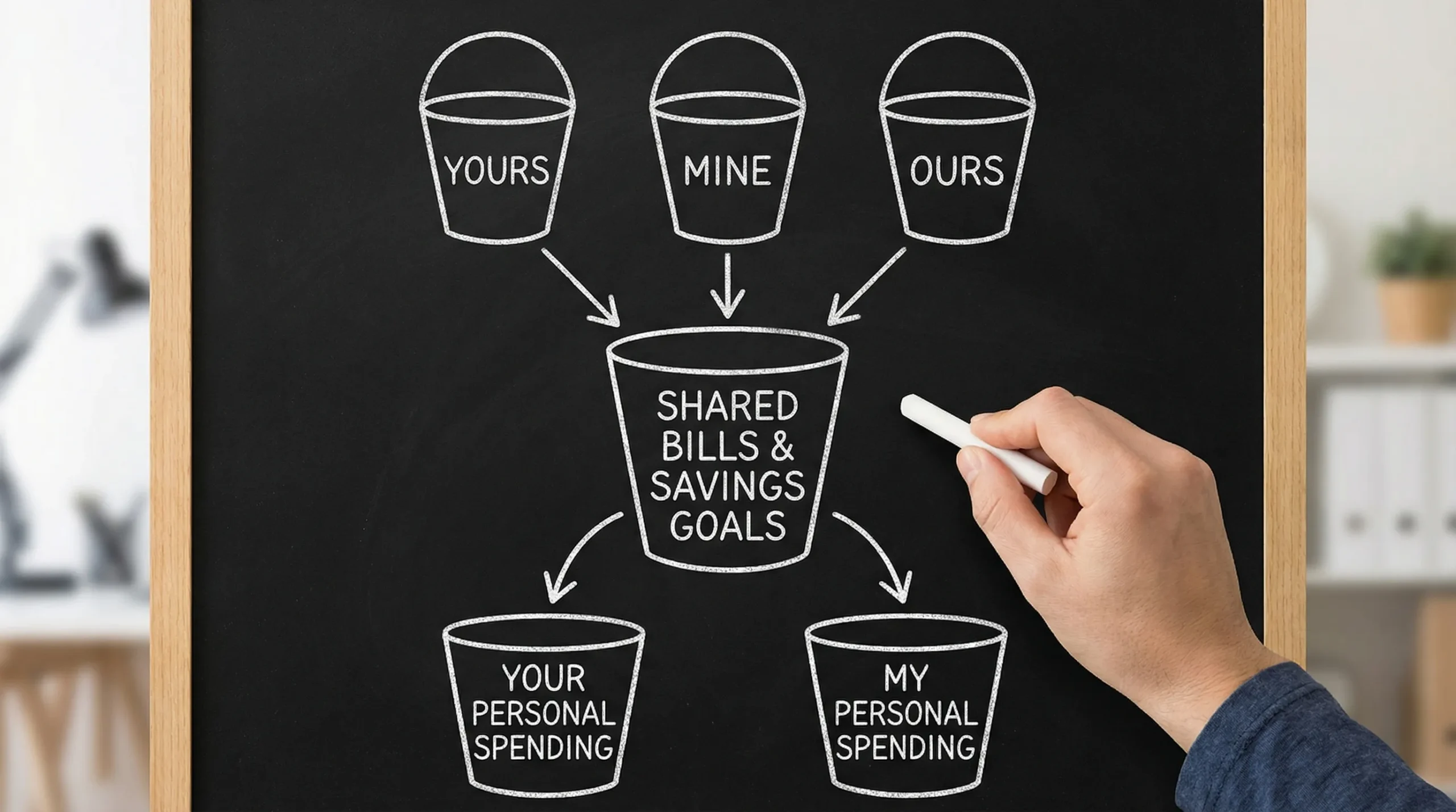 A simple “Yours / Mine / Ours” budgeting diagram with three labeled buckets feeding into shared bills and shared savings goals, plus separate personal spending buckets for each partner.
