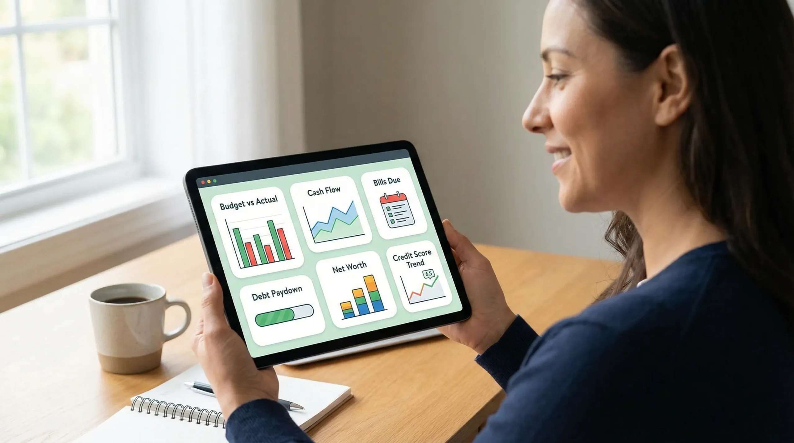 An illustrated personal finance dashboard showing simple tiles for Budget vs Actual, Cash Flow, Bills Due, Debt Paydown, Net Worth, and Credit Score Trend, with clean charts and clear labels.