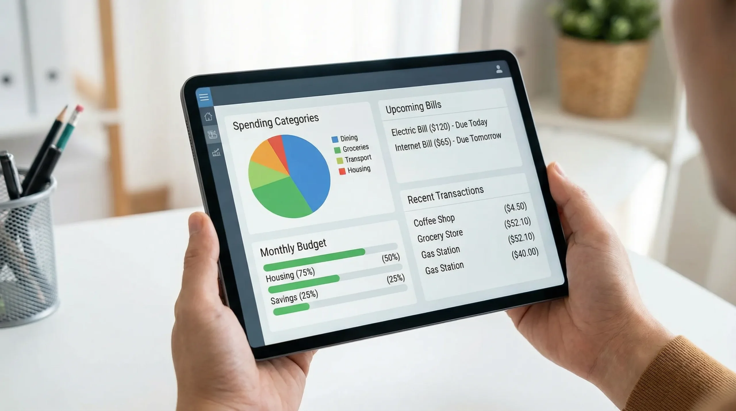An illustration of a personal finance dashboard showing spending categories, monthly budget progress bars, upcoming bills reminders, and recent transactions in a clean, modern layout.