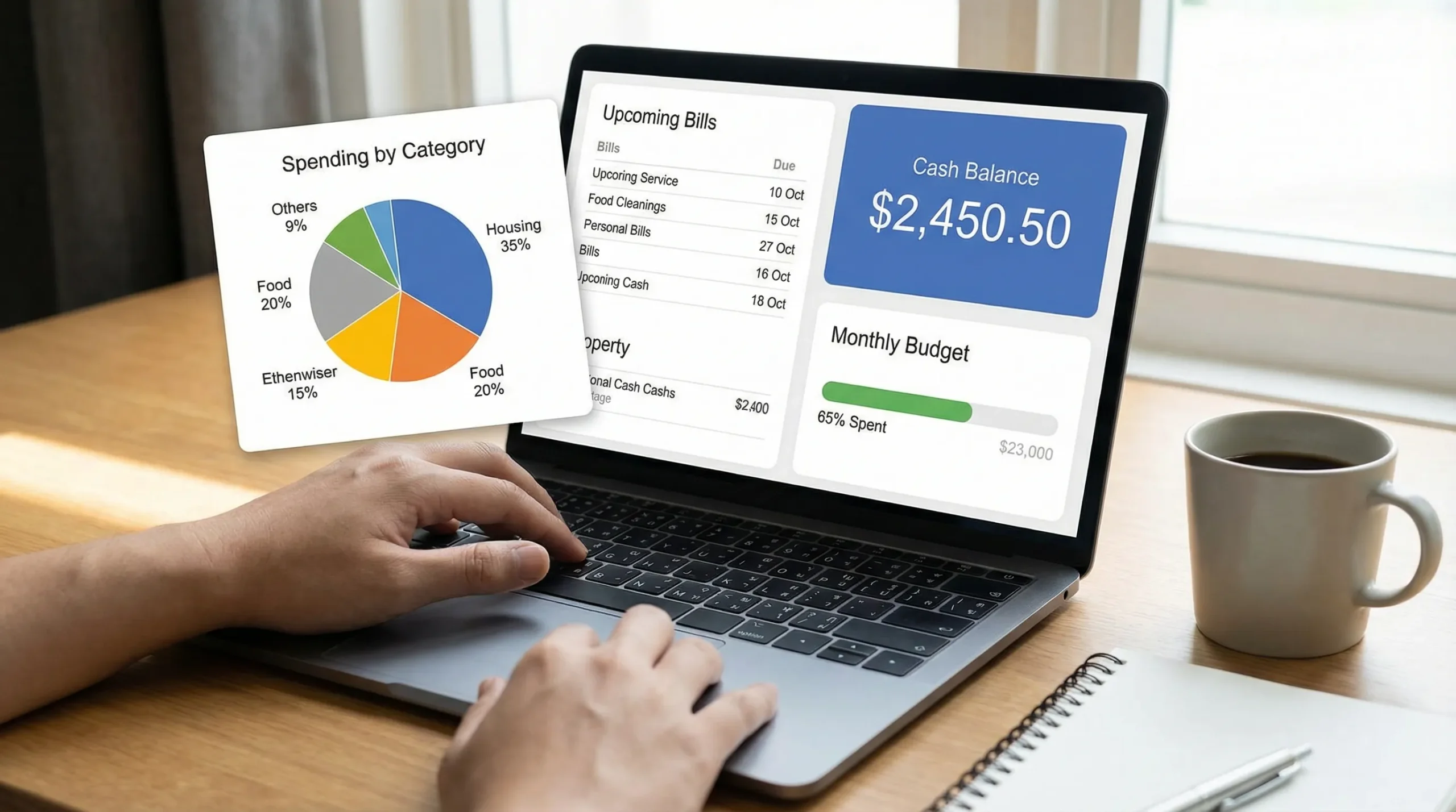 An illustrative personal finance dashboard showing spending by category, upcoming bills, cash balance, and a monthly budget progress bar.