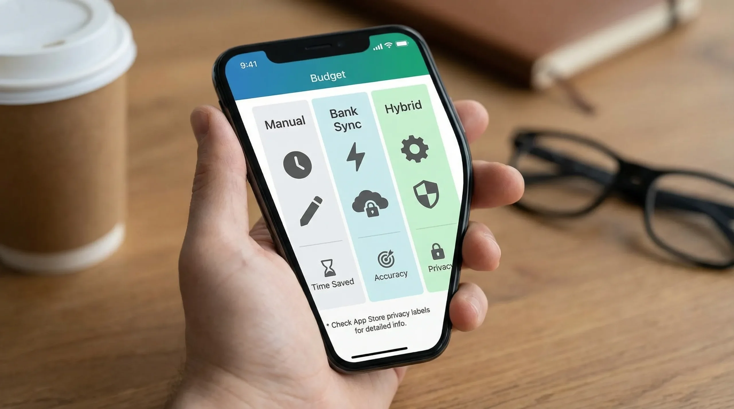 An iPhone budget app comparison concept showing three columns labeled Manual, Bank Sync, and Hybrid, with simple icons for time saved, accuracy, and privacy, plus a small note about App Store privacy labels.