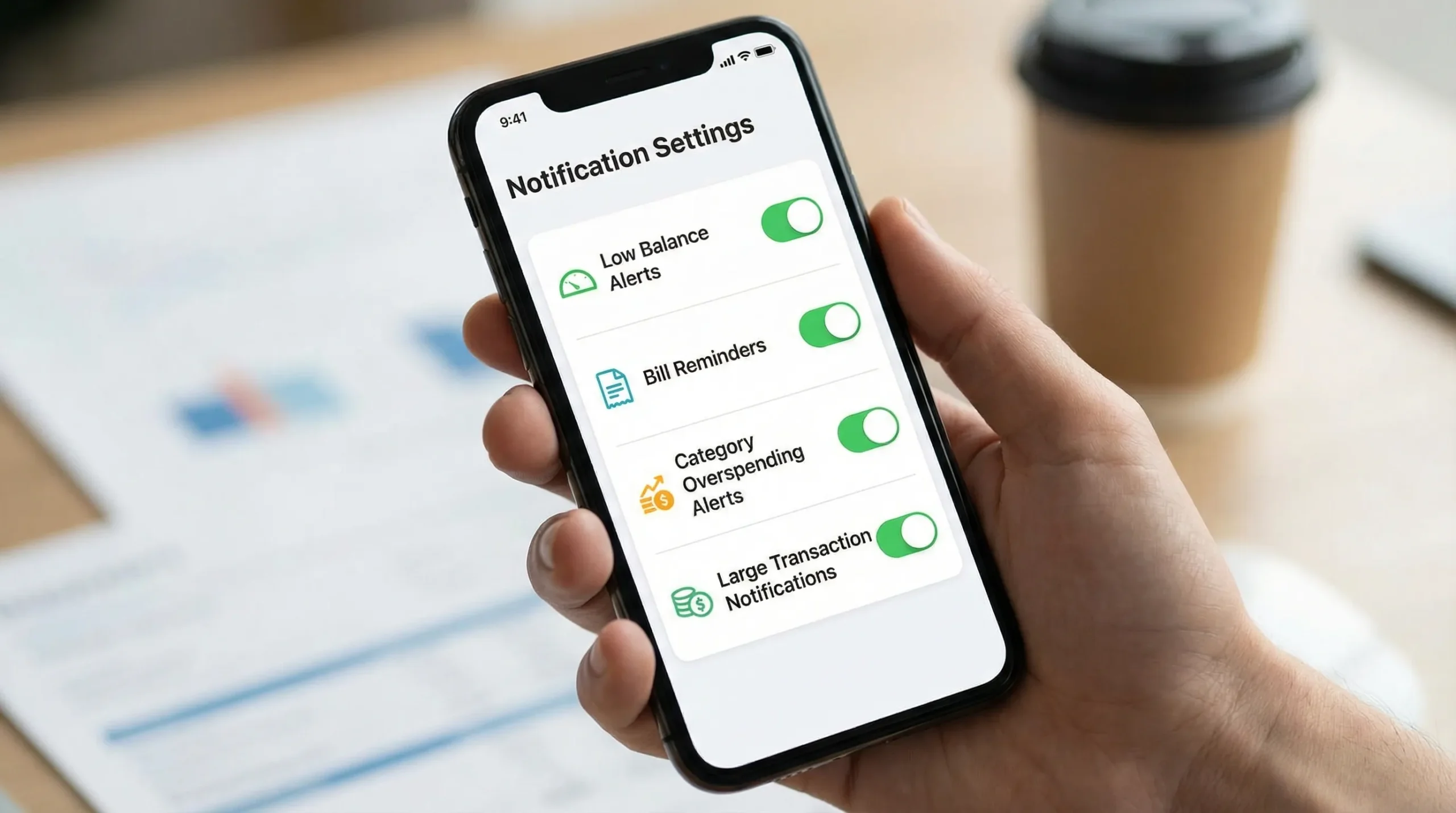 Money Budget App: Set Goals, Budgets, and Alerts Fast 3 Illustration of a mobile budgeting app alert screen showing toggles for low balance alerts, bill reminders, category overspending alerts, and large transaction notifications.
