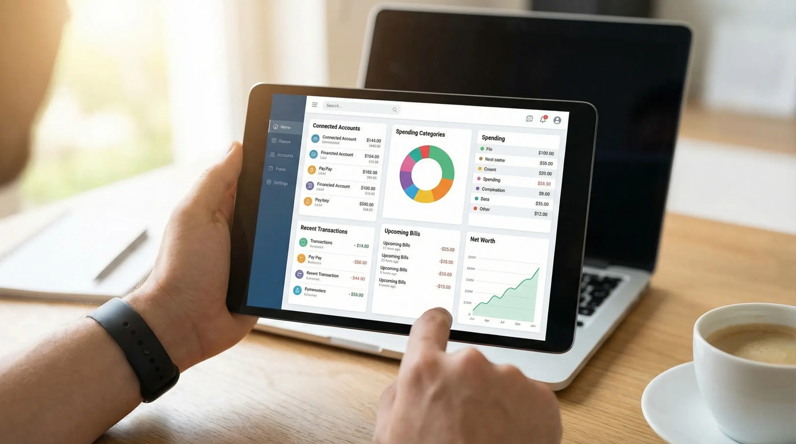 Finance Tracking Software: What to Automate vs Do Manually 2 Illustration of a personal finance dashboard showing connected accounts, automated transaction feeds, category spending charts, bill reminders, and a net worth line graph.