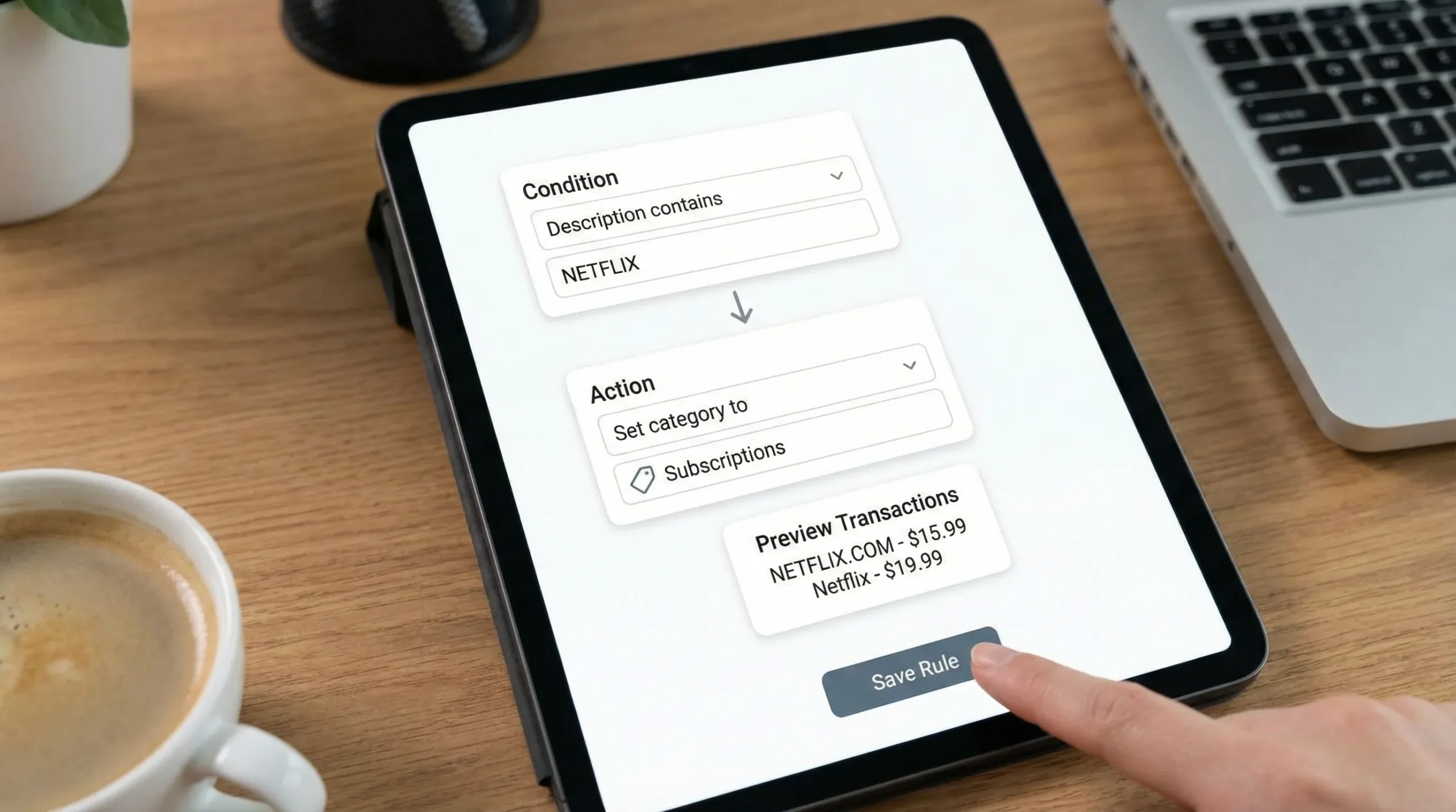 Illustration of an expense app rule builder showing a condition like “Description contains NETFLIX” and an action like “Set category to Subscriptions,” with a small preview list of matching transactions.